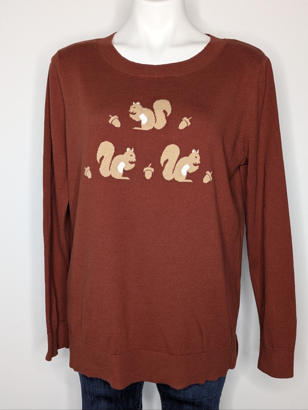 Loft Brown Tan Novelty Squirrel Fall Long Sleeve Cotton Crew Neck Sweater XL